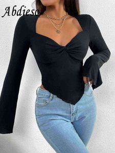 Tops femininos Abdieso 2022 V pescoço ruched preto manga longa camisetas mulheres sexy t220823