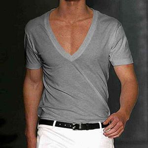 Men T-shirt Shorts Sleeve Deep V-Neck Tops Solid Color Oversized Tees Men Streetwear Loose Pullover T Shirts Spring Summer New L220622 L220622