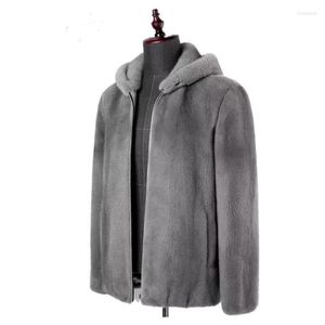 Trench da uomo Uomo Pelliccia 2022 Cappotto di visone Maschile Lungo con cappuccio Erba intera Tide Viol22