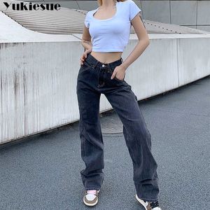 Herbst Gerade Denim Vintage Breite Bein Jeans Frau Büro Dame Jeans Frauen Hosen Hohe Taille Große Größe Hosen Weibliche 210608