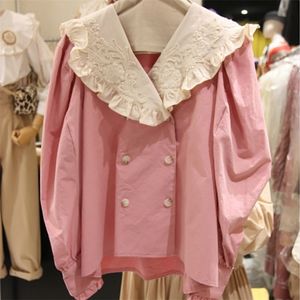 Nomikuma الكورية الحلوة بلوزة Blouse المطرزة الكشكش طوق blusas femme الخريف القمصان طويلة الأكمام 6C501 210308