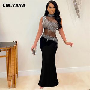 CM.YAYA Women Mesh See Though Diamonds Drill Patchwork Mermaid Maxi Dress for Sexy Night Party Clubwear Long Dresses 220516