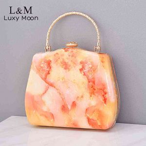 Evening Bags Marble Print Acrylic Evening Clutch with Metal Ring Handle Dinner Party Box Handbag Chain Shoulder Crossbody Bag for Women X584h 220318