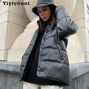 Yiyiyouni Winter Warm Cotton Liner Leather Jackets Women Casual Thickening Padded Parkas Women Oversized Solid Coats Female 201201