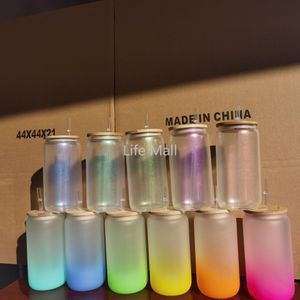 Hızlı Teslimat 16 oz yanardöner cam bardak bambu kapak süblimasyon lazer renkleri açık holografik camlar kola bira içebilir diy ısı transfer bardaklar dd