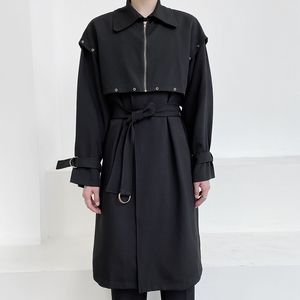 Herrgravrockar svarta blixtlås nitar lång dike jacka män japanska harjuku koreanska streetwear trenchcoat man mode windbreaker cardigan coat 220826