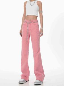 Vintage Autumn Women Long Jeans Trousers Pink High Waist Pockets Loose Female Wide Leg Denim Pants Ladies Floor-Length Pants T220728