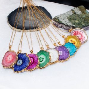 Original Crystal Sunflower Pendant Natural Stone Agate Slice Brass Gold Plated Women Necklace