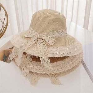 Ladies Summer Lace Bowknot Straw Caps Big Brimed Hat Hat Sun Outdoor para Mulheres respiráveis ​​confortáveis ​​Cap de618