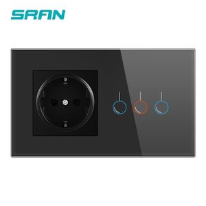 SRAN UK標準タッチセンサーソケット付きホワイトクリスタルガラスパネル220V 16Aライトスイッチ付き壁ソケット3GANG 1WAY T200605