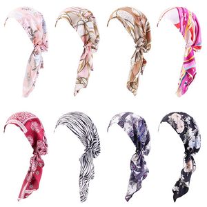 Women Printed Pre-tie Headscarf Elastic Muslim Female Turban Cap Stretch Bandanas Islamic Hijab Cancer Chemo Caps Headwear Turbante