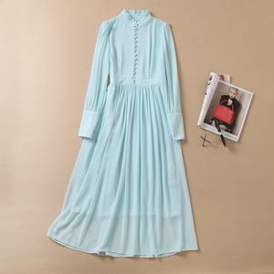 2022 Summer Fall Long Sleeve Ruched Neck Sky Blue Chiffon Solid Color Panelled Buttons Single-Breasted Dress Elegant Casual Dresses 22Q192315 Plus Size XXL