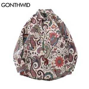 Gonthwid Harajuku Streetwear Koszule Płaszcze Graffiti Bandana Paisley Wzór Koszula Koszula Hip Hop Moda Długi Rękaw Przycisk Topy 220322