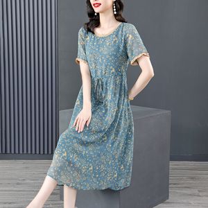 8611# YM New Summer Women Casual Dresses Round Collar Short Sleeve Printing & Belt Lacing Up Ladies Loose Fashion Dress M-XXXL