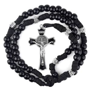 Kedjor Black Paracord Men Rosaries 12mm akrylpärlor Cross Halsband för soldat Katolska robusta rosarischains