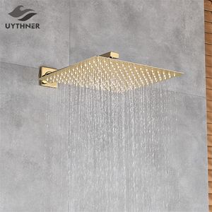 Gold Polish 8"/10"/12" Square Rainfall Shower head Bathroom Ultrathin Rain Head with Arm Faucet Accessories Wall 220401