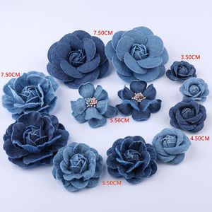 Decorative Flowers & Wreaths Pcs Fake Flower Denim Simulation Fabric 7.5/5.5/4.5/3.5CM Camellia Clothing Office DecorDecorative