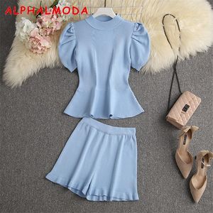 Alphalmoda Summer Puff Sleeve Slim Shortsleeved Sweater Top Frill Shorts Women Sweet 2Pcs صالة صلبة لبس 220527