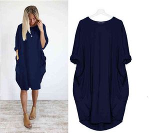 Vestido Mulheres Temperamento Comute Algodão Médio Vestidos Pullover Imprimir Cintura Solta O Pescoço Nenhuma Solta Vestidos Mangas Batwing