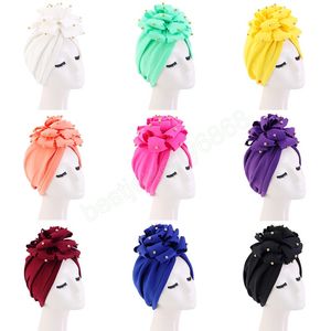 Grande Turbante da Flor 3D com miçangas mulheres cabeça islâmica envoltório festa headwear elegante pérolas bonés Índia chapéu senhoras acessórios de cabelo