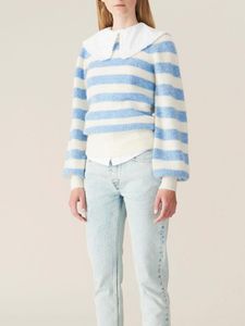 Wholesale blue and white sweater for sale - Group buy Women s Sweaters Women Sweater GAN Autumn Winter Blue And White Striped Round Neck Long Lantern Sleeve Knitted PulloverWomen s