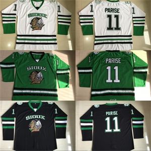 CeoMit # 11 Zach Parise Dakota Hockey Jersey Hombres 100% bordado cosido Fighting Sioux DAKOTA College Hockey Jerseys Negro Blanco Verde