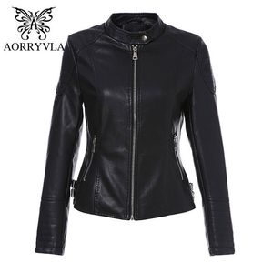 AORRYVLA Autumn Womens Leather Jacket Black Pu Leather Moto Biker Jacket Mandarin Short Female Faux Leather Outwear 2010303030