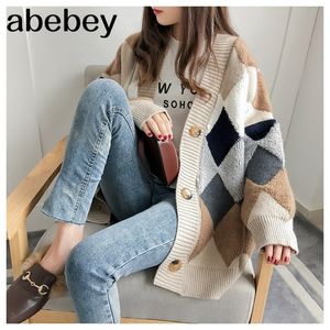 Women's Sweaters Autumn Winter fashionable Casual Plaid V-Neck Cardigans Single Breasted Puff Sleeve Loose SW658 201222