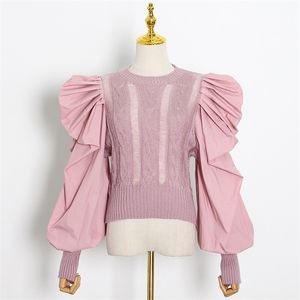 Twotwinstyleパッチワークは女性用のセーターを破り、首のパフスリーブカジュアルチュニックセーター女性ファッション服201203