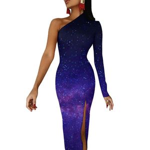 Casual Dresses Galaxy Sky Maxi Dress Long Sleeve Purple Starry Night Print Sexy Bodycon Autumn Side Split Party Lady ClothesCasual