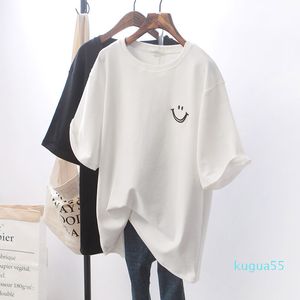 Women's T-Shirt Top Loose White Black Short-sleeved Tshirt Smile Face Printed Tees