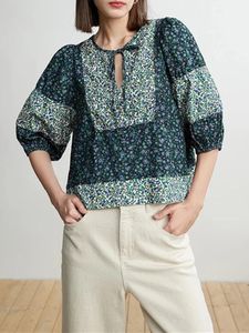 Kvinnors blusar skjortor kvinnor snörning nack blommig tryck blus 2022 tre fjärdedel ärm färg matchande retro skjorta och toppswomen's