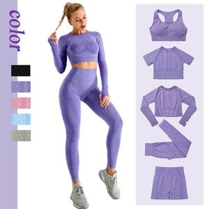 Combinazione gratuita Donna Yoga Set Allenamento Abbigliamento sportivo Abbigliamento da palestra Fitness Manica lunga Crop Top Leggings a vita alta Tute sportive 220330