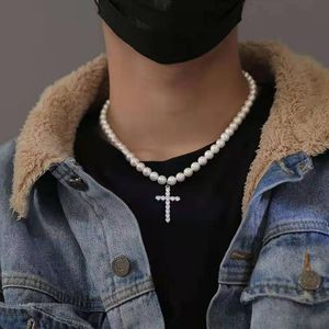 Retro Men's Necklace Cross Pendant Necklace Imitation Pearl Clavicle Chain Jewelry Stylish Neutral Decorative All-match