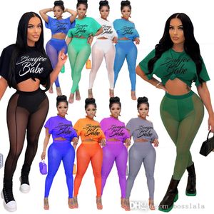 Sexy Sheer Yoga Pants Suit Womens Designer Tracksuits Summer New Casual Sexy Printed Tops + Mesh Pant Two Piece Sportwear