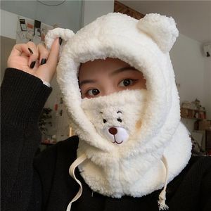 Beanie/Skull Caps Winter Cute Cartoon Bear Ear Lamb Plush Warm Panda Scarf Set Mask Thicked Protection Hat Women Girl Year Gift Beanie/Skul