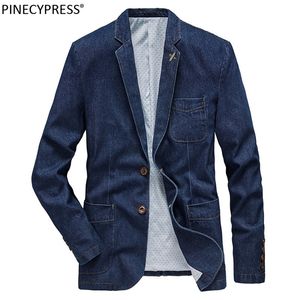 Cotton Men denim kostym jacka enstaka bröstfickor blå casual gata vår hösten manlig outwear smal man cowboy blazer 220514