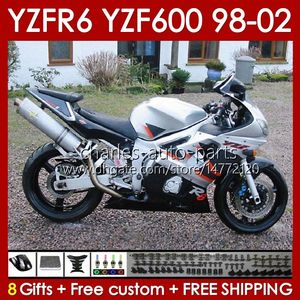 Kroppsram för Yamaha YZF-600 YZF R6 R 6 600cc YZFR6 1998 1999 00 01 02 BOODYWORK 145NO.74 YZF 600 CC COWLING YZF-R6 98-02 YZF600 98 99 2000 2001 2002 FAIRING KIT SILVERY BLKK