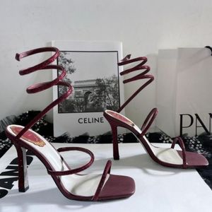 Rene Caovilla 10 cm Stiletto High Obcing Sandals Crystal Karung Wine Red SnakeLike Twining Sandals Women Sandals Letnia jakość Grube Heels Buty Największe 43