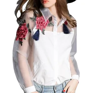 Camicette da donna camicie donne alla moda elegante organza da fiori ricamo a maniche lunghe camicia top casual