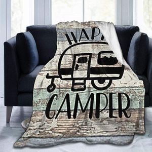 Blankets Vintage Wooden Door Happy Camper Microfiber Fuzzy Travel Blanket Throw Smooth Soft Adult Women Boy Girl Kids ToddlerBlankets