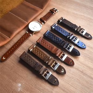 Retro Prawdziwej Skóry Watchband 18mm 20mm 22mm 24mm Calfskin Watch Paski Porowate Oddychające Ręcznieszowe szycia dla mężczyzn 220412