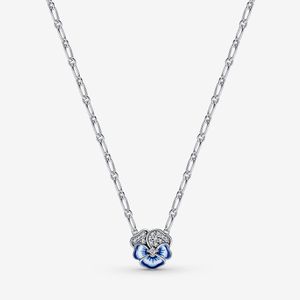 100% 925 Sterling Silver Blue Pansy Flower Pendant Halsband Fashion Wedding Egagement Smycken Göra För Kvinnor Gåvor