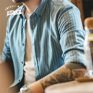 Maden Outono Camisa listrada azul retrô para homens manga comprida negócio clássico Oxford linha de algodão homens camisas 220322