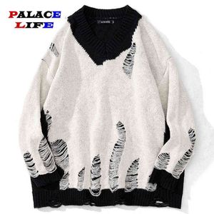 2022 Autumn Hipster Casual Loose Pullovers Men Hip Hop Overized Sticked Jumper Sweaters Ripped Hole Streetwear Harajuku T220730