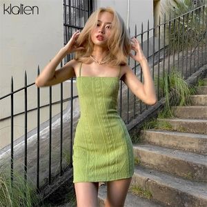 Klalien Women Fashion Moda Elegante Streetwear Strap Mini Dress Summer Summer Green Knit Stretch Slim Office Lady Dresses 220402