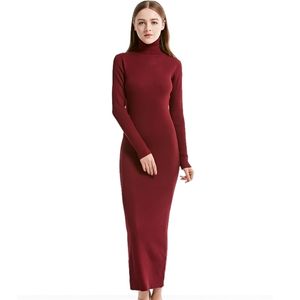 2021 Nya modekvinnor Sexig festklänning Knit Style Långärmad Turtleneck Winter Maxi Dress Slim Work Wear Office Dress Vestidos 210322