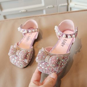 Barnskor 2021 Spring Pu Leather Glisten Pink Silver Bowknot Girls Princess Shoes Childrens Girls Dance Show Shoes