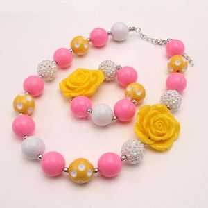 Fashion Design Rose Flower Girls Kids Acrylic Beads Necklace Bracelet Baby Child Chunky Jewelry Set For Party Gift