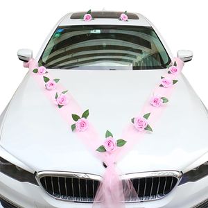 Diy Artificial Flower White Wedding Car Bridal bil dekoration dörrhandtag band Silkhörn blomma galand med tyllgåvor set